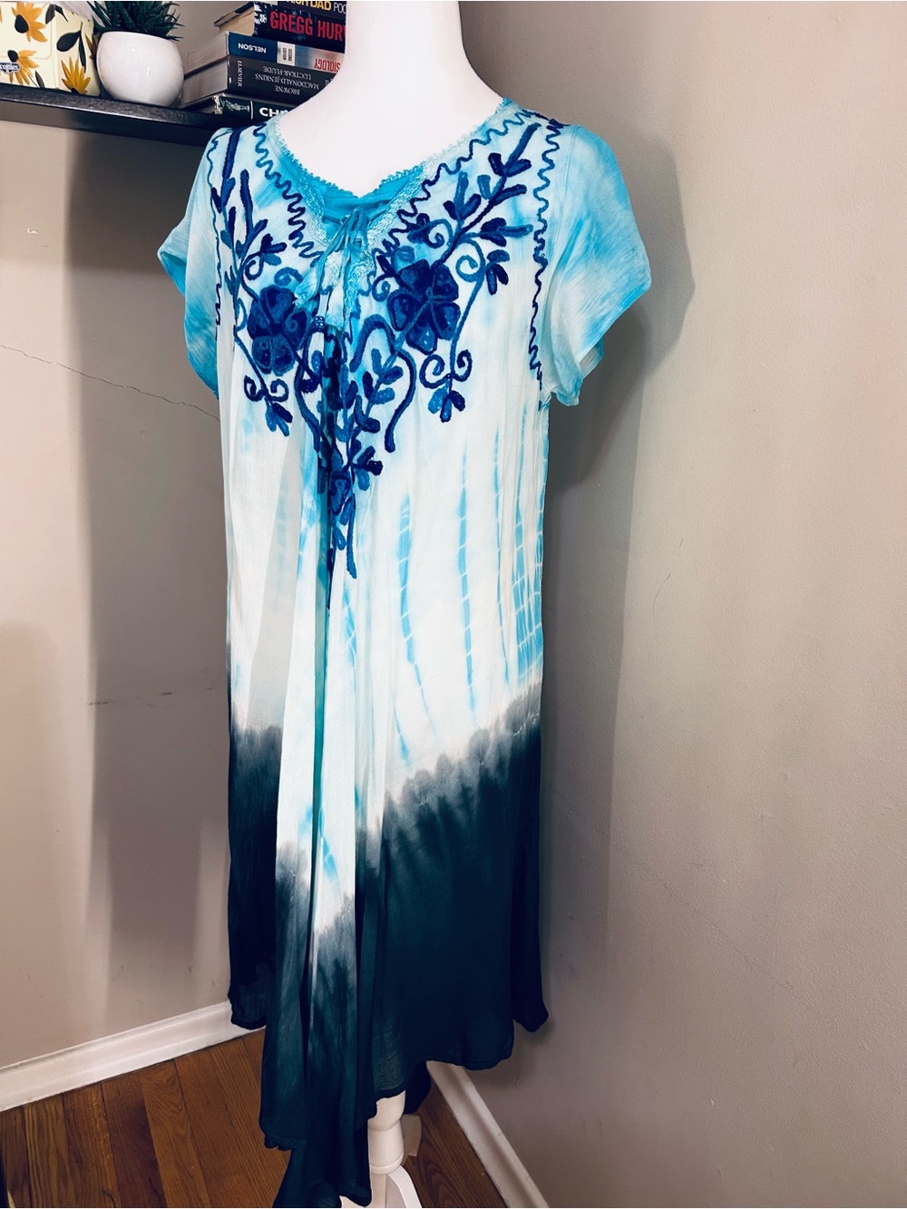 Tie die, 100% rayon Embroidered Blue Floral Mesh dress/cover up